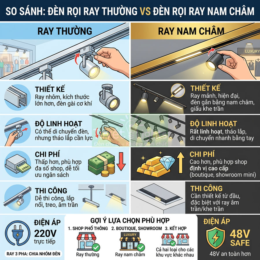 Infographic so sánh đèn rọi ray thường và đèn rọi ray nam châm về thiết kế, linh hoạt, chi phí, thi công và điện áp