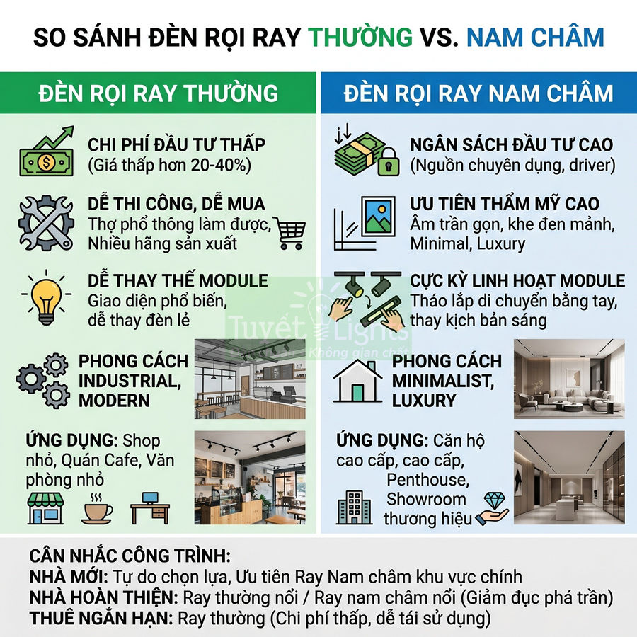 So sánh ưu nhược điểm đèn rọi ray thường và đèn rọi ray nam châm cho nhà ở, shop, showroom