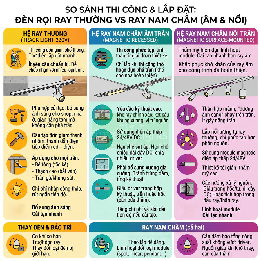 Infographic so sánh thi công lắp đặt đèn rọi ray thường và đèn ray nam châm âm trần, nổi trần