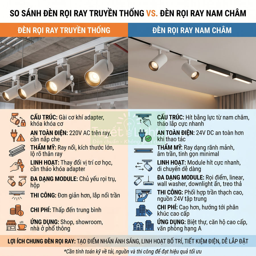 So sánh đèn rọi ray truyền thống và đèn rọi ray nam châm cho shop, showroom, nhà ở và văn phòng