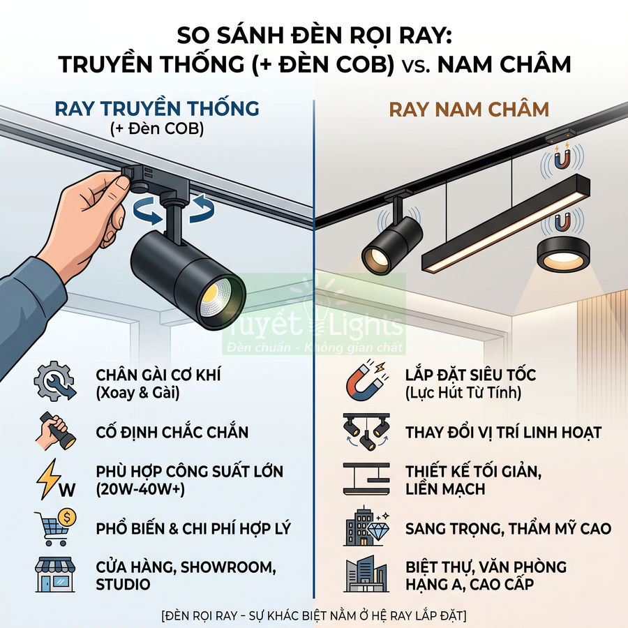 So sánh đèn rọi ray truyền thống và đèn rọi ray nam châm Tuyết Lights cho nội thất hiện đại