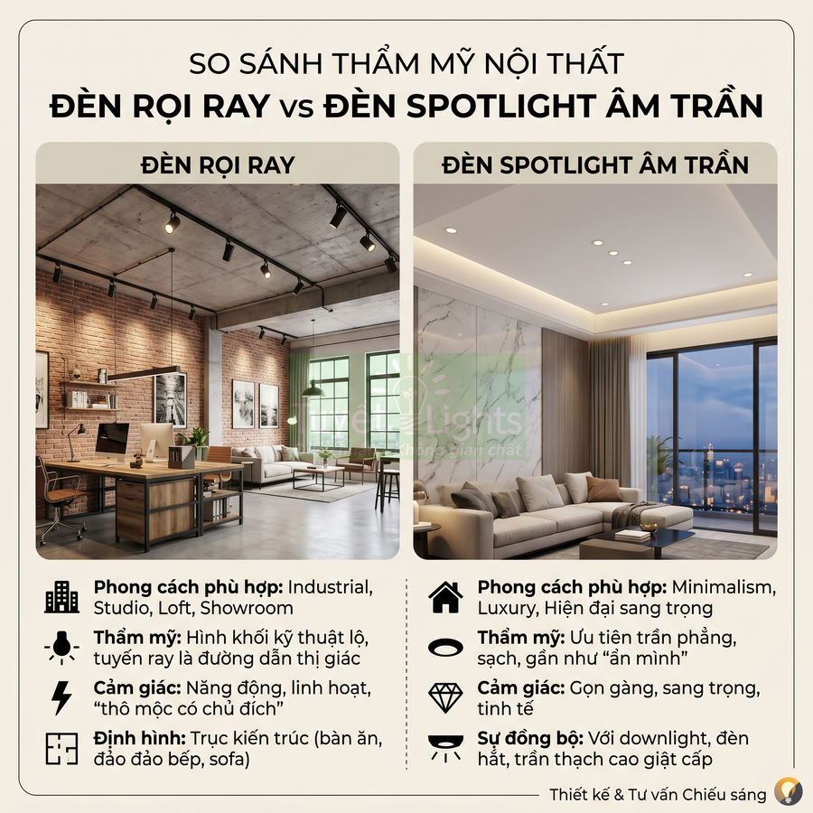 So sánh nội thất dùng đèn rọi ray công nghiệp và đèn spotlight âm trần hiện đại sang trọng