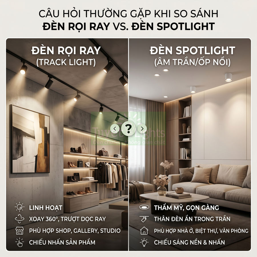 So sánh đèn rọi ray track light và đèn spotlight âm trần trong không gian shop và phòng khách hiện đại