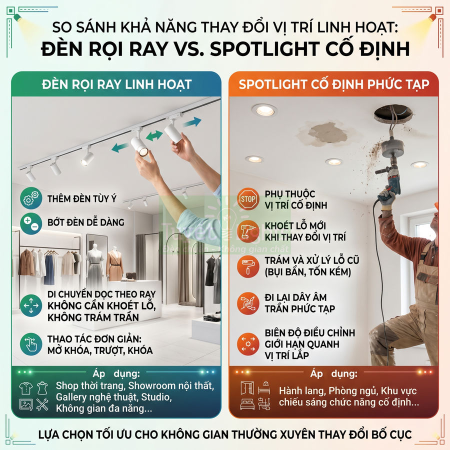 So sánh ưu nhược điểm đèn rọi ray linh hoạt và đèn spotlight âm trần cố định trong không gian nội thất
