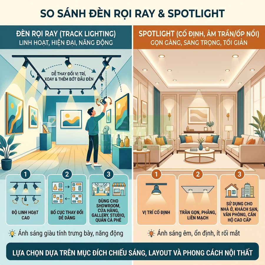 So sánh đèn rọi ray và đèn spotlight: Khác nhau ở đâu?