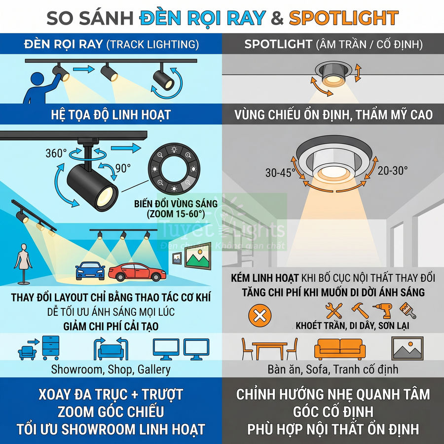 Infographic so sánh đèn rọi ray và đèn spotlight âm trần về khả năng xoay, zoom góc chiếu và ứng dụng nội thất