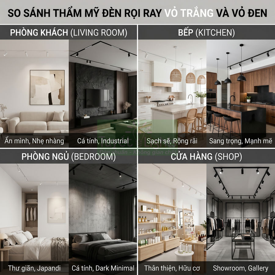 So sánh đèn rọi ray vỏ trắng và vỏ đen cho phòng khách, bếp, phòng ngủ và cửa hàng hiện đại