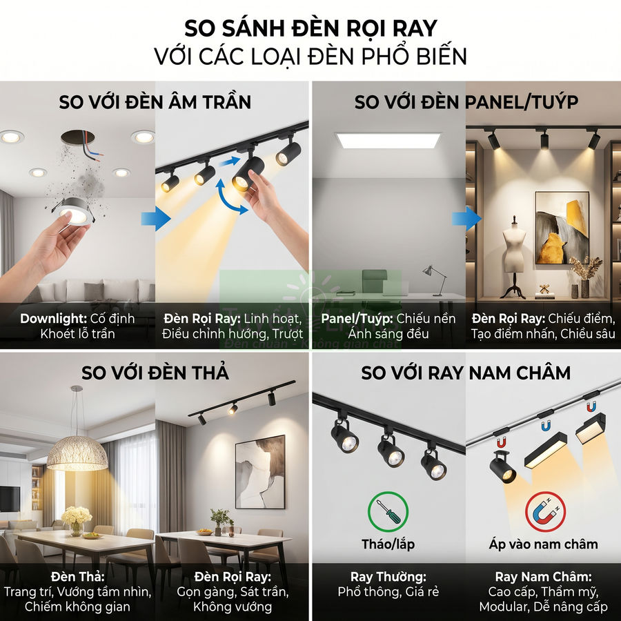 So sánh ưu điểm đèn rọi ray với đèn âm trần, đèn panel, đèn thả và đèn ray nam châm trong nội thất