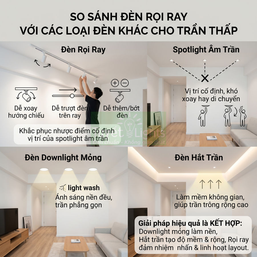 So sánh đèn rọi ray, spotlight âm trần, đèn downlight mỏng và đèn hắt trần cho phòng khách trần thấp