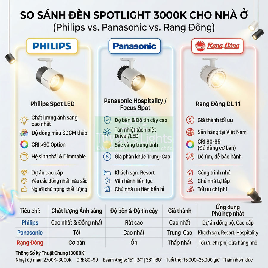 So sánh đèn spotlight 3000K Philips Spot LED, Panasonic Focus Spot và Rạng Đông DL11 cho nhà ở