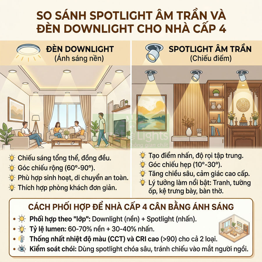 So sánh đèn downlight âm trần và spotlight âm trần cho phòng khách nhà cấp 4, minh họa cách chiếu sáng và phối hợp ánh sáng