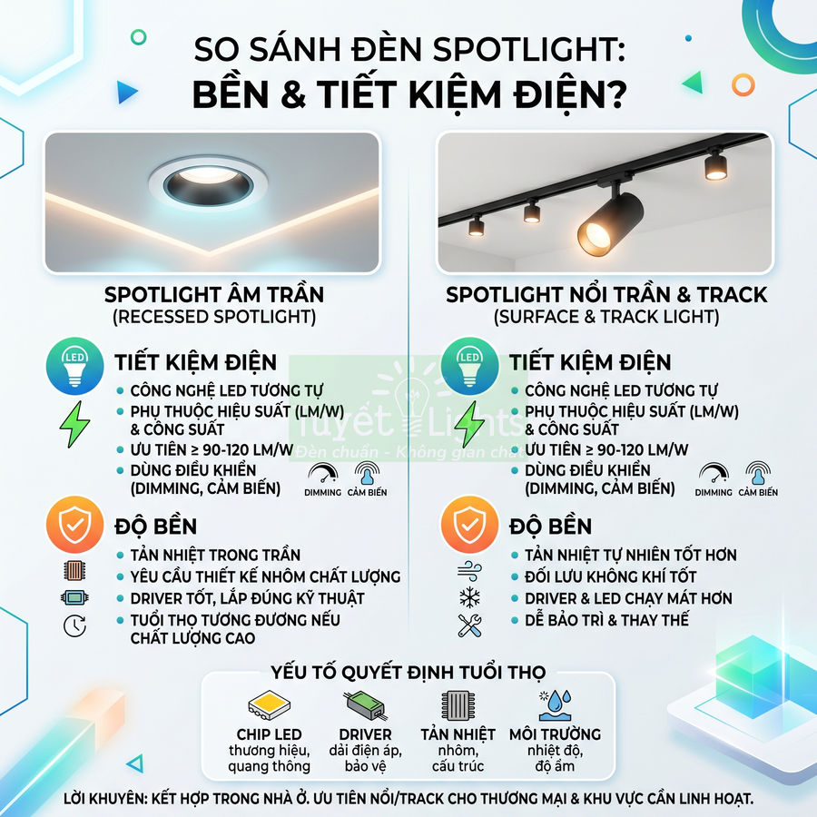 So sánh đèn spotlight âm trần và spotlight nổi trần track light về độ bền và khả năng tiết kiệm điện