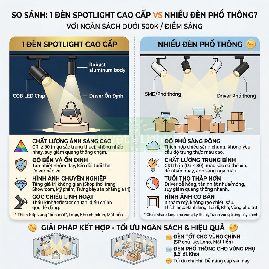 So sánh 1 đèn spotlight cao cấp COB LED với nhiều đèn LED phổ thông cho cửa hàng, showroom