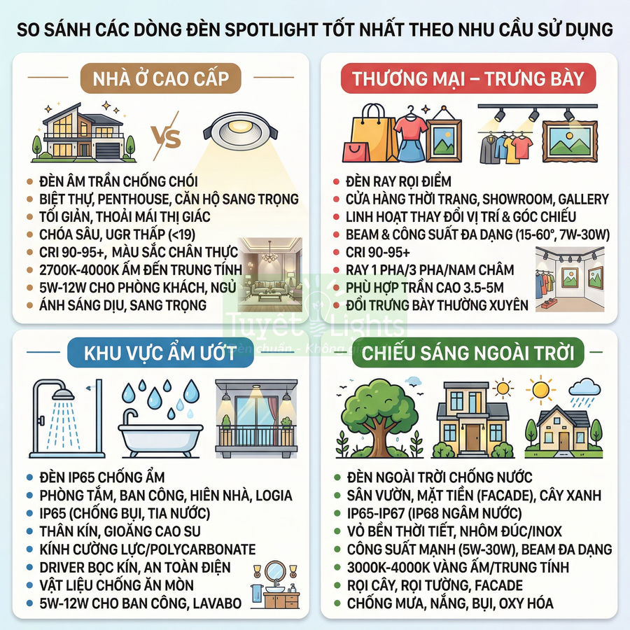 So sánh các dòng đèn spotlight cho nhà ở cao cấp, thương mại, khu vực ẩm ướt và chiếu sáng ngoài trời