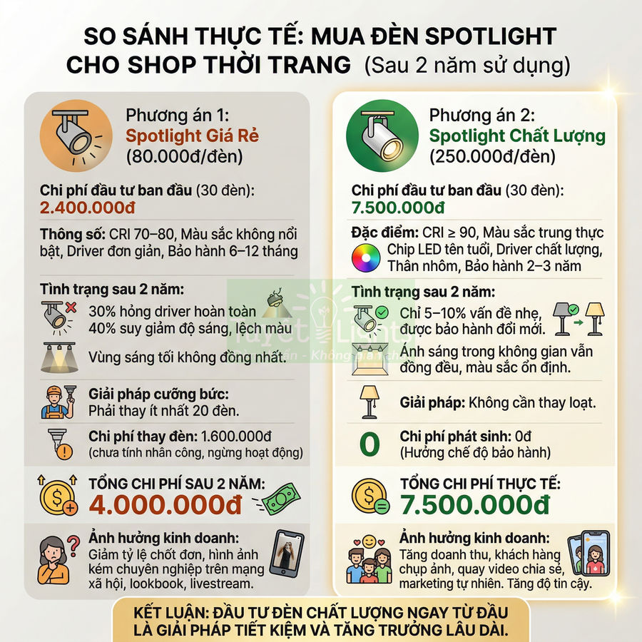 Infographic so sánh chi phí và hiệu quả đèn spotlight giá rẻ và spotlight chất lượng cho shop thời trang sau 2 năm