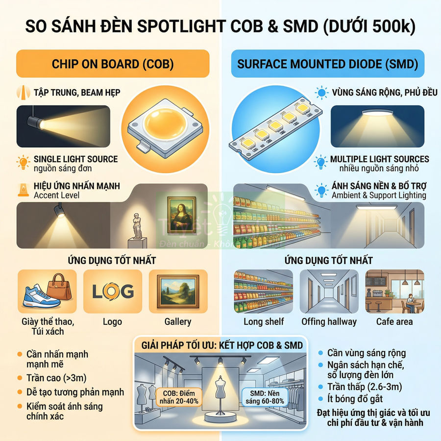 So sánh ưu nhược điểm đèn spotlight COB và SMD, ứng dụng chiếu sáng cửa hàng và trưng bày