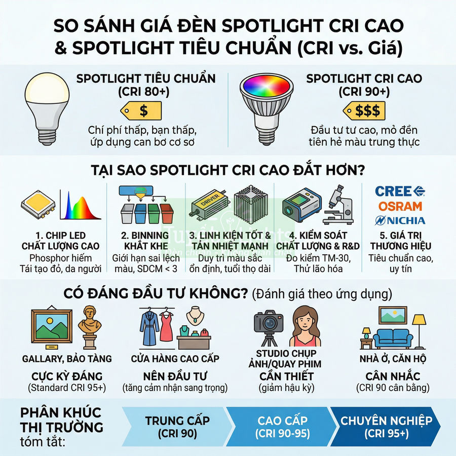 Infographic so sánh đèn spotlight CRI cao và spotlight tiêu chuẩn về chất lượng ánh sáng, giá và ứng dụng