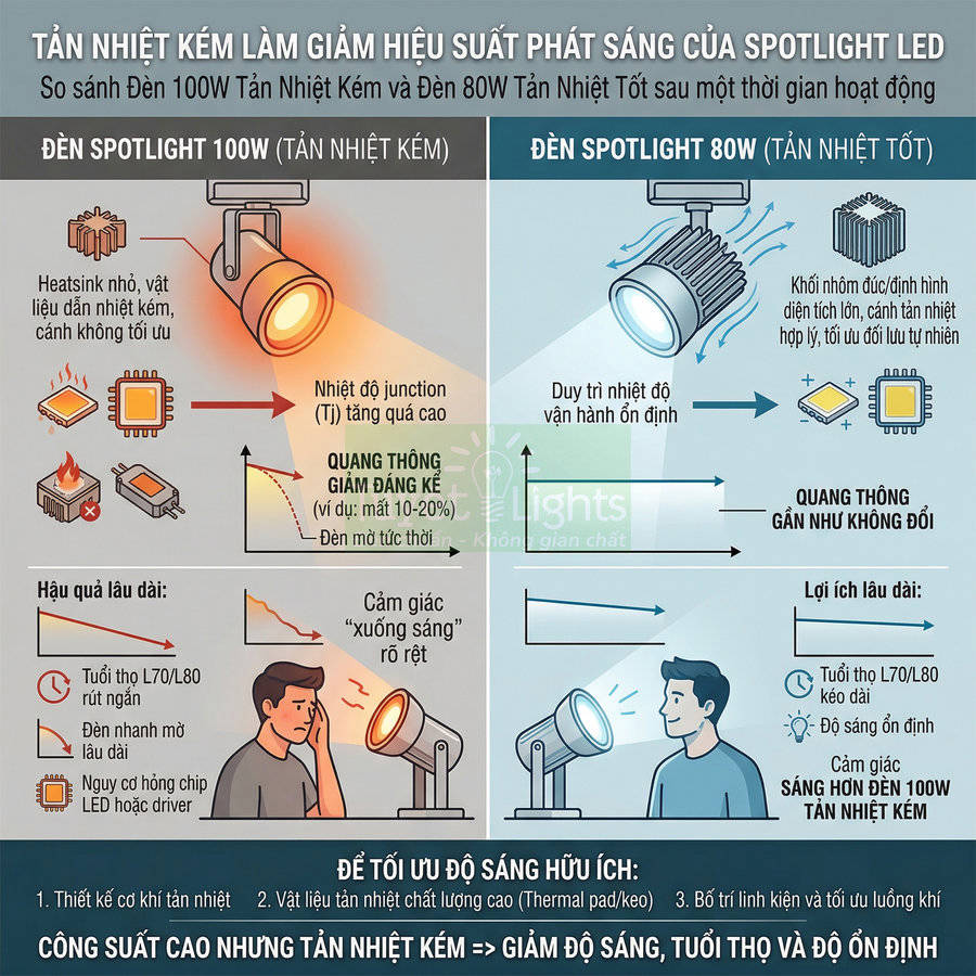 So sánh đèn spotlight LED 100W tản nhiệt kém và đèn spotlight LED 80W tản nhiệt tốt về độ sáng và tuổi thọ