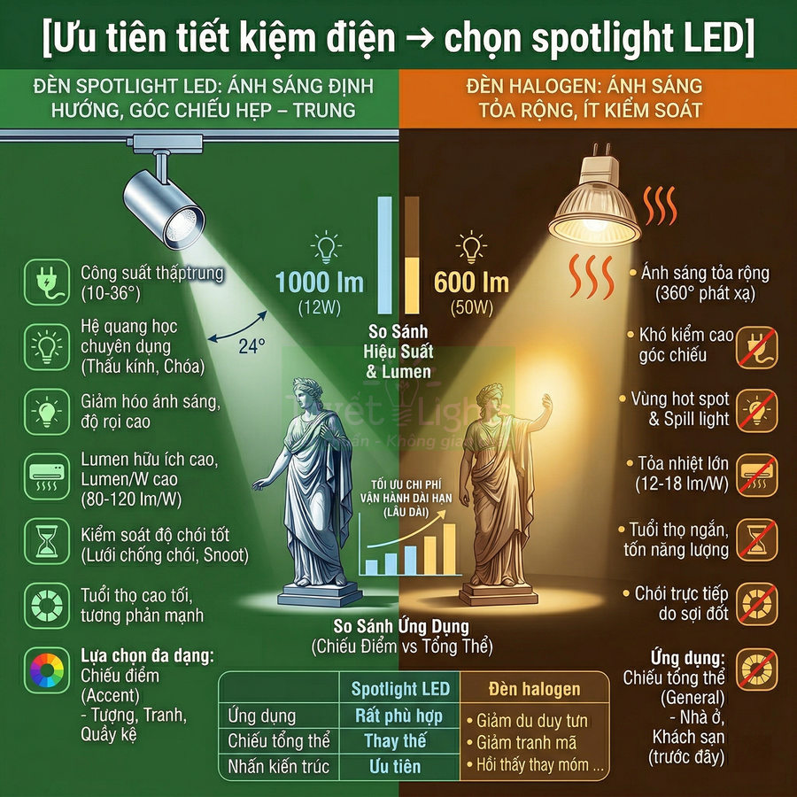 So sánh ưu điểm đèn spotlight LED và đèn halogen về hiệu suất chiếu sáng và tiết kiệm điện