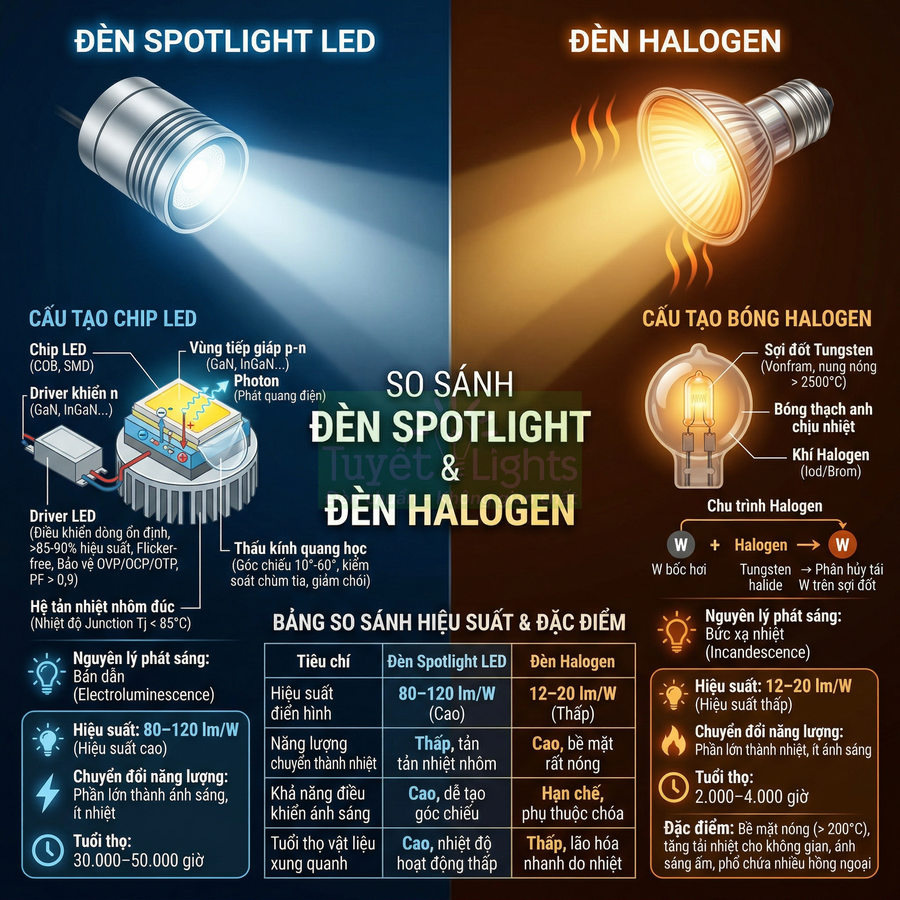 So sánh cấu tạo và hiệu suất đèn spotlight LED và đèn halogen trong chiếu sáng