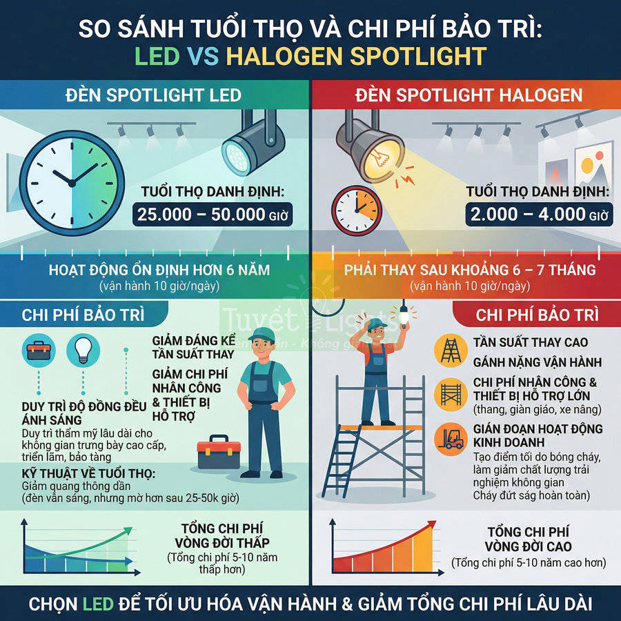 So sánh tuổi thọ và chi phí bảo trì đèn spotlight LED và đèn spotlight halogen trong chiếu sáng