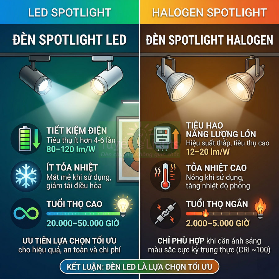 Nên dùng đèn spotlight hay đèn halogen tốt hơn?