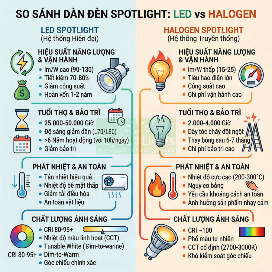 Infographic so sánh ưu nhược điểm đèn spotlight LED và đèn halogen về hiệu suất, tuổi thọ, nhiệt và chất lượng ánh sáng