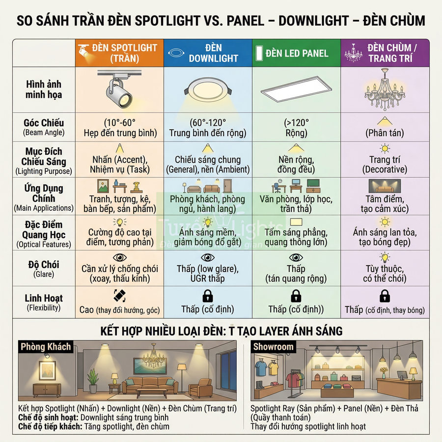 Bảng so sánh các loại đèn trần spotlight, downlight, led panel và đèn chùm cùng ứng dụng chiếu sáng