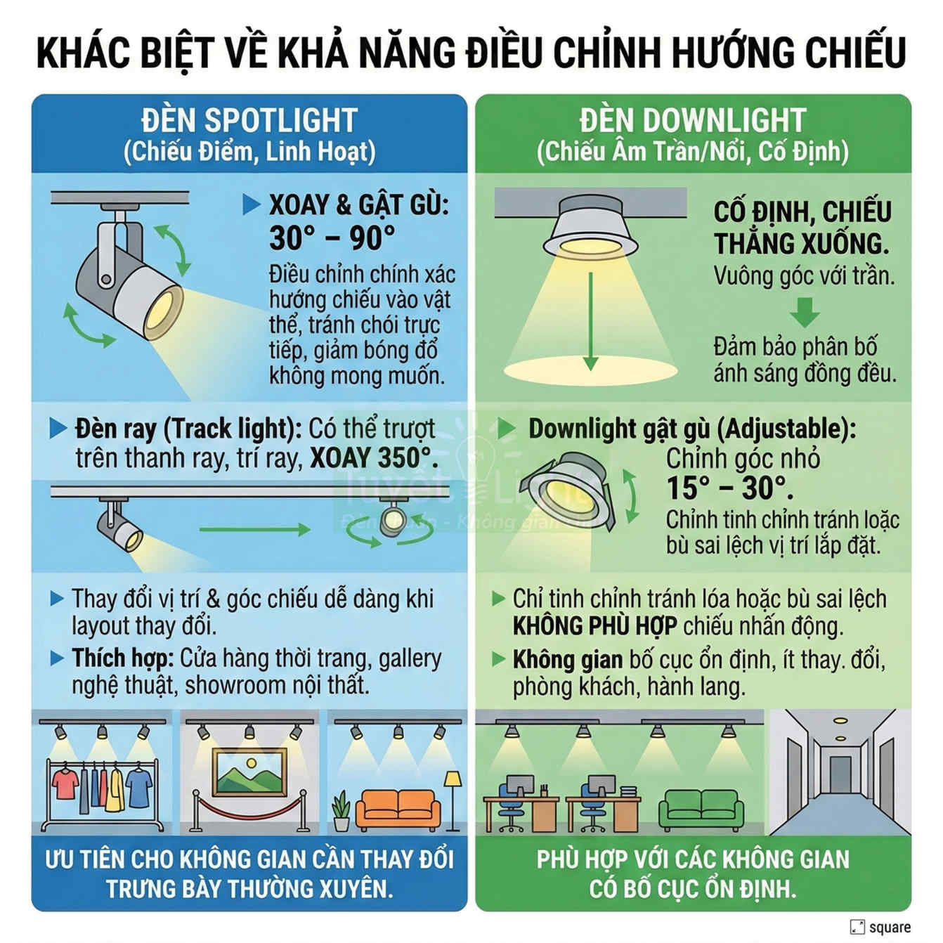 So sánh đèn spotlight và đèn downlight về khả năng điều chỉnh hướng chiếu cho không gian nội thất