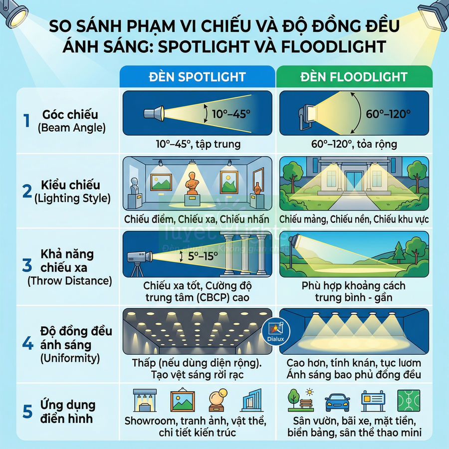 Bảng so sánh đèn spotlight và đèn floodlight về góc chiếu, kiểu chiếu, khả năng chiếu xa và ứng dụng chiếu sáng