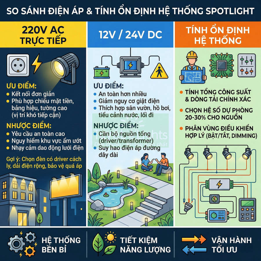 Infographic so sánh ưu nhược điểm hệ thống đèn spotlight 220V AC và 12V 24V DC cho chiếu sáng ngoài trời