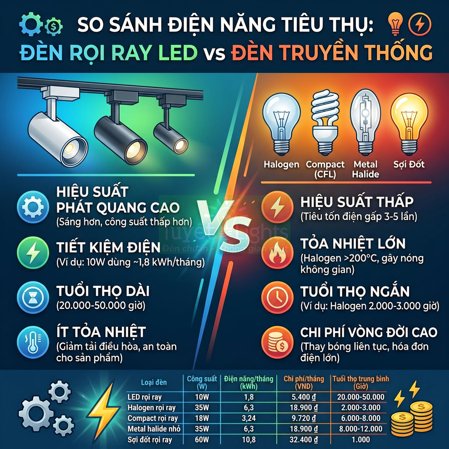 So sánh đèn rọi ray LED với các loại đèn truyền thống về hiệu suất, tuổi thọ và chi phí điện