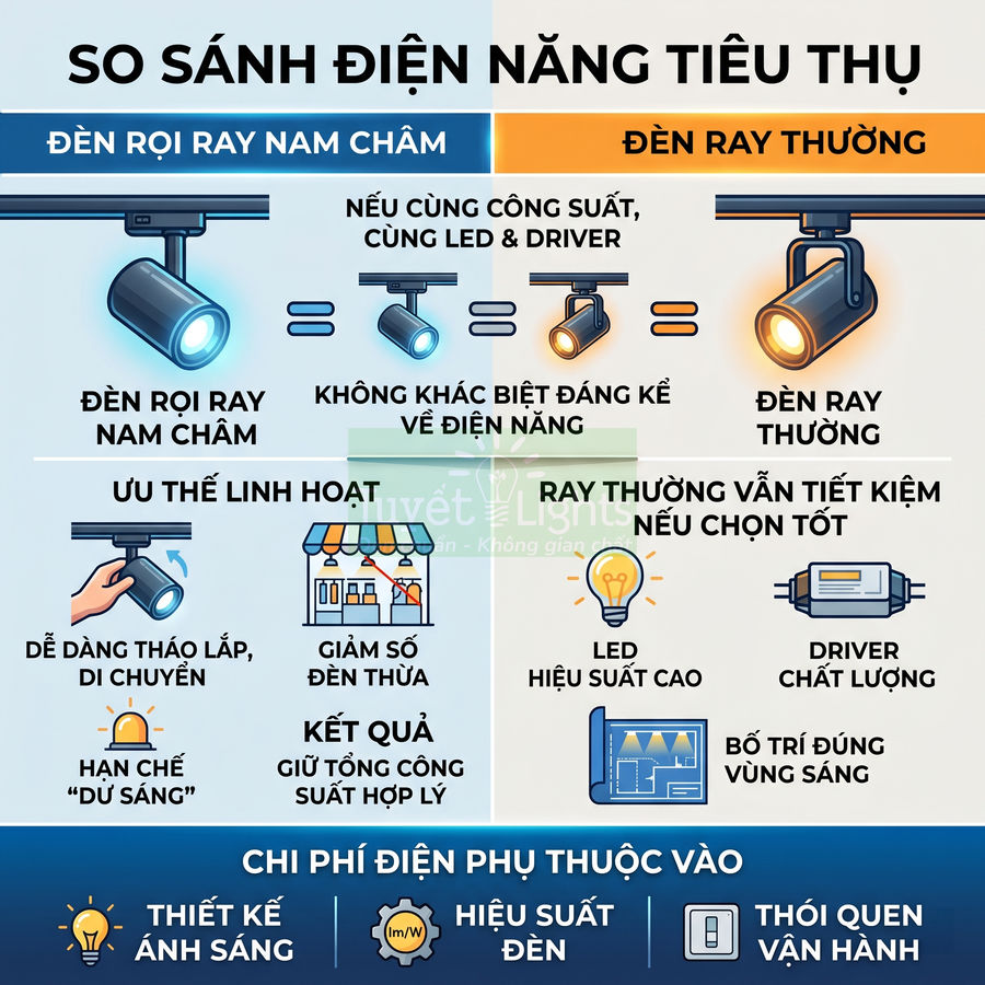 So sánh đèn rọi ray nam châm và đèn ray thường về điện năng tiêu thụ và ưu điểm sử dụng
