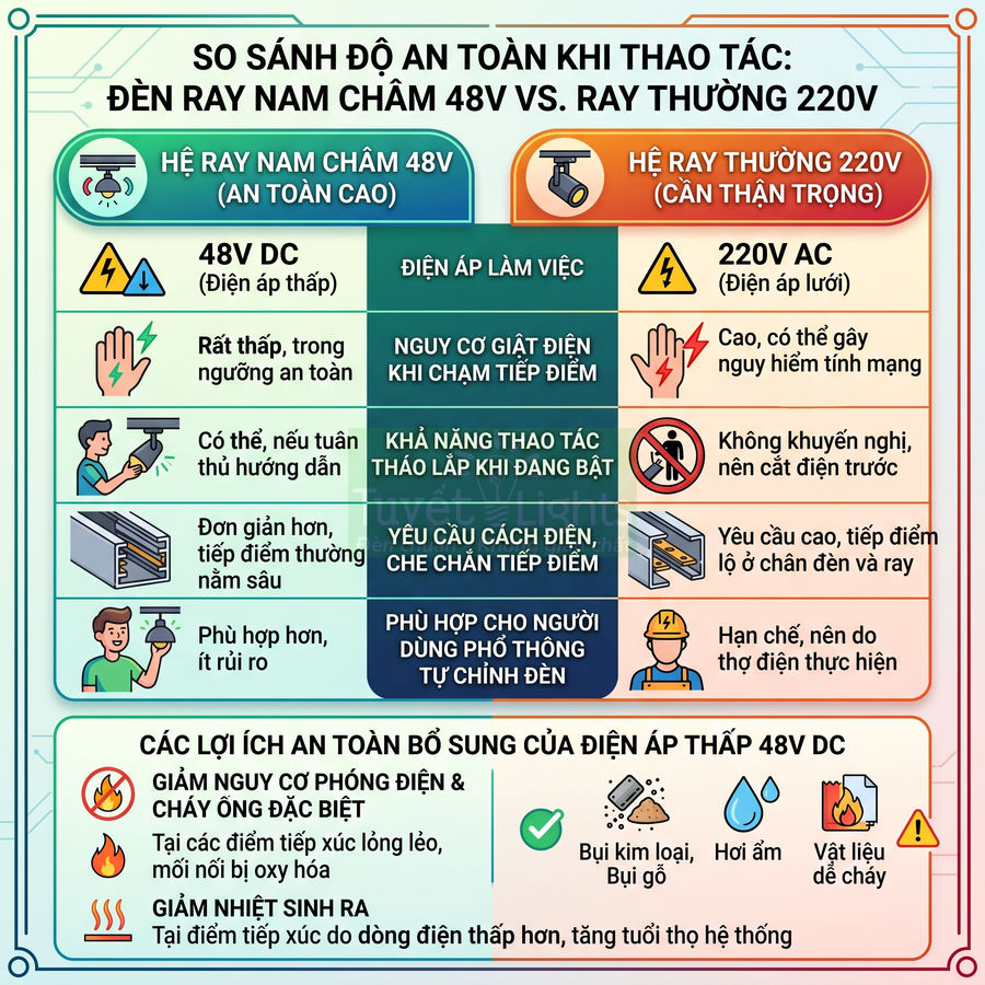 Infographic so sánh độ an toàn đèn ray nam châm 48V DC với hệ ray thường 220V khi thao tác lắp đặt