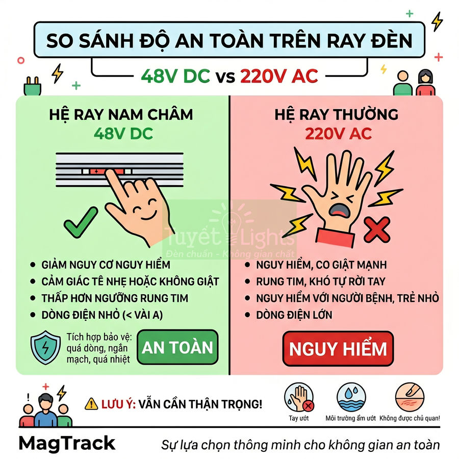 So sánh an toàn ray đèn nam châm 48V DC MagTrack với ray thường 220V AC, nhấn mạnh ưu điểm an toàn hơn