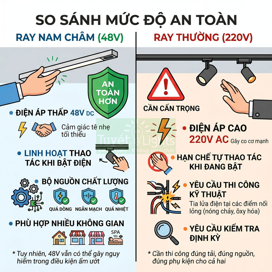 So sánh mức độ an toàn ray nam châm 48V và ray đèn thường 220V trong hệ thống chiếu sáng