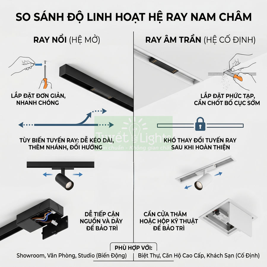 So sánh hệ ray nam châm ray nổi và ray âm trần cho đèn chiếu sáng, ưu nhược điểm lắp đặt và bảo trì