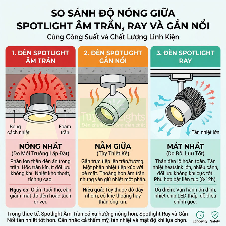 So sánh độ nóng đèn spotlight âm trần, gắn nổi và spotlight ray với khả năng tản nhiệt khác nhau