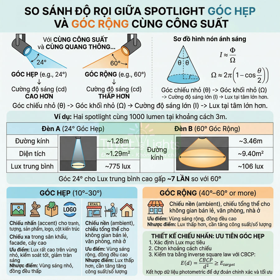So sánh độ rọi spotlight góc hẹp và góc rộng cùng công suất, minh họa ứng dụng chiếu sáng nội thất