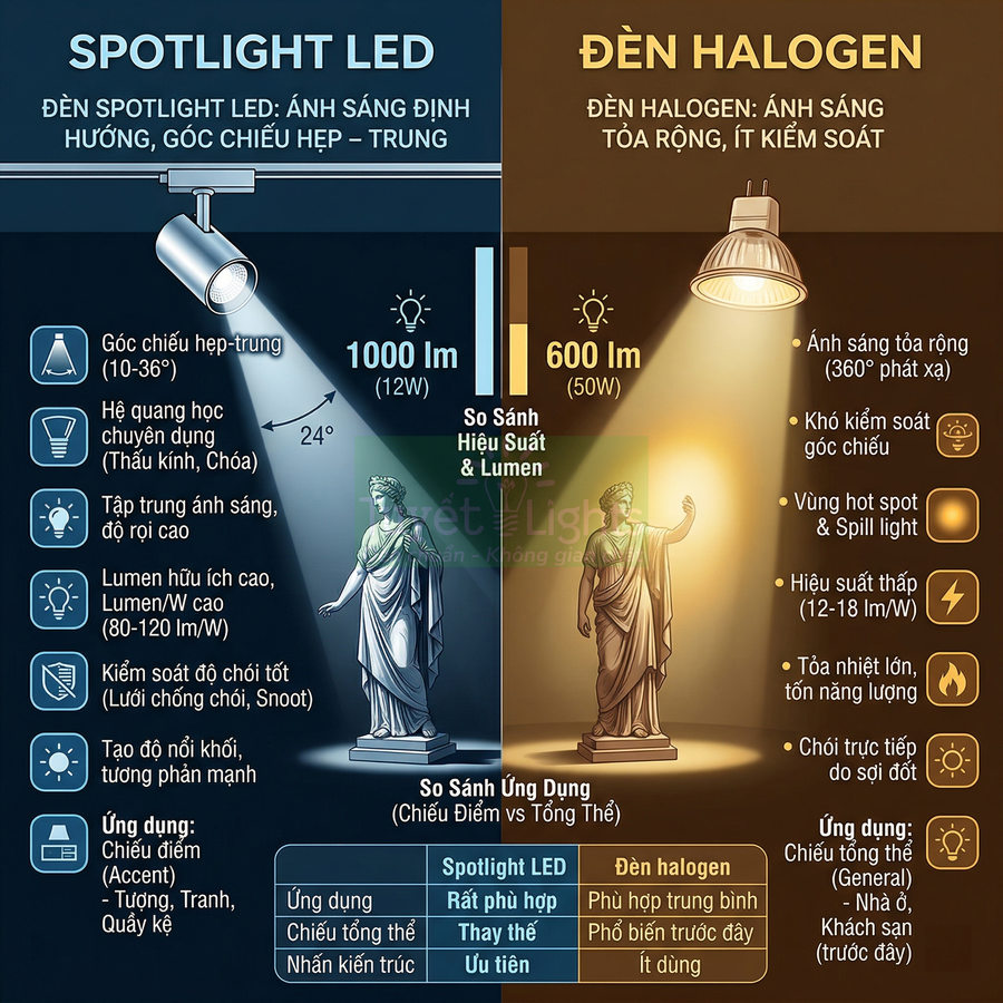 So sánh đèn spotlight LED và đèn halogen chiếu tượng, minh họa khác biệt về độ sáng và hiệu suất