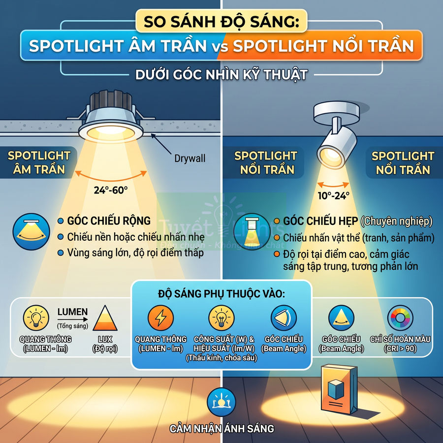 So sánh độ sáng spotlight âm trần và spotlight nổi trần, minh họa góc chiếu rộng và hẹp trên sàn gỗ