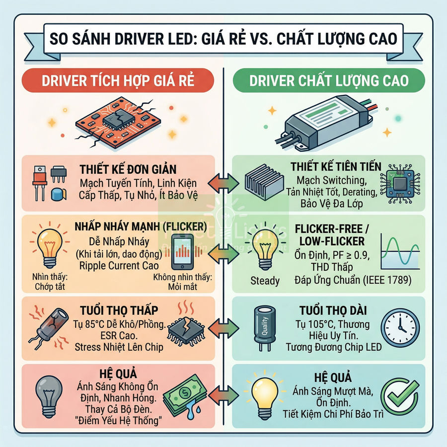 So sánh driver LED giá rẻ và driver LED chất lượng cao về thiết kế, độ nhấp nháy, tuổi thọ và hiệu quả