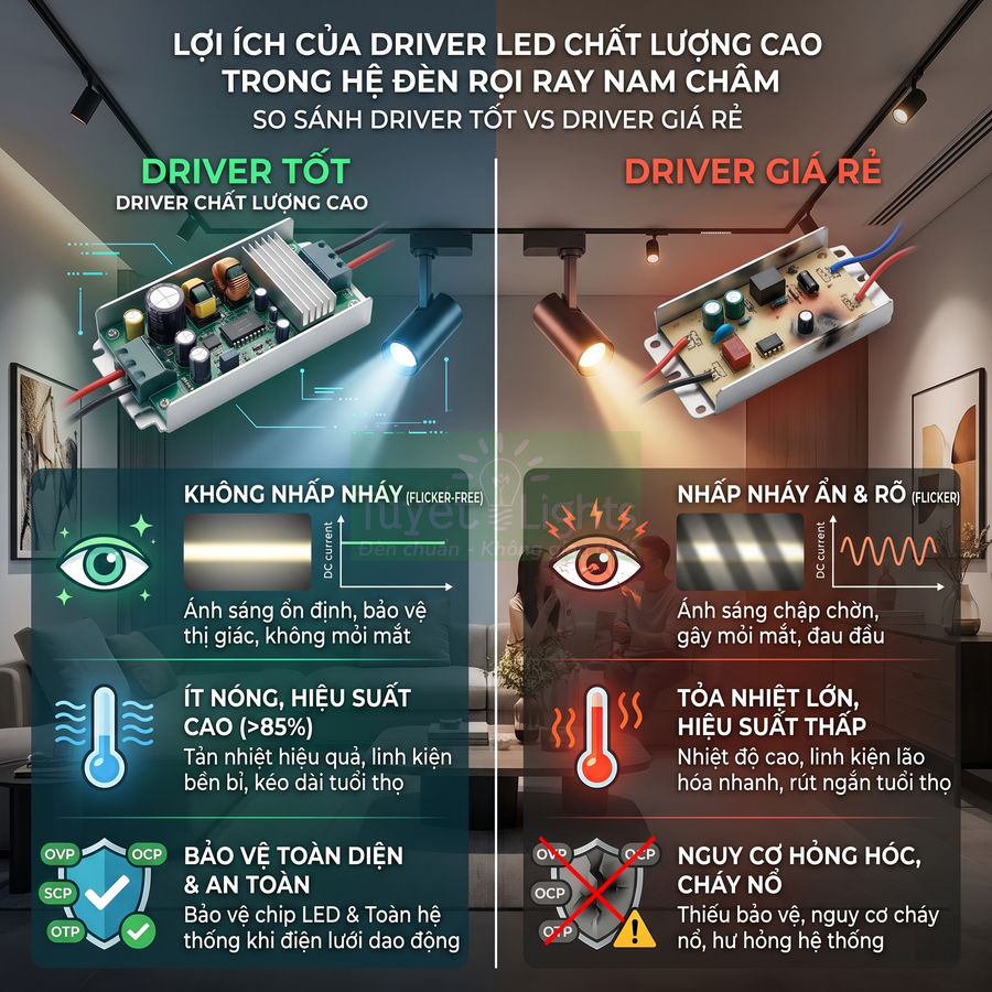 So sánh driver LED chất lượng cao và driver giá rẻ cho đèn rọi ray nam châm, nêu ưu nhược điểm về ánh sáng và độ bền
