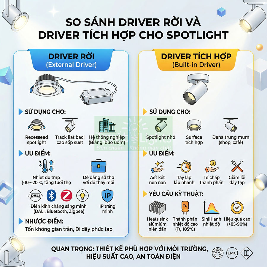 Infographic so sánh driver rời và driver tích hợp cho đèn spotlight, nêu ứng dụng, ưu điểm và yêu cầu kỹ thuật