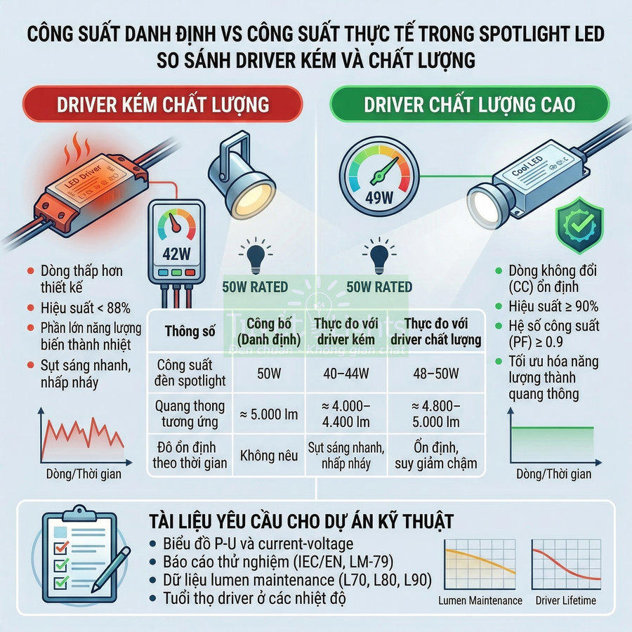 So sánh driver LED kém chất lượng và driver LED chất lượng cao cho đèn spotlight về công suất và hiệu suất