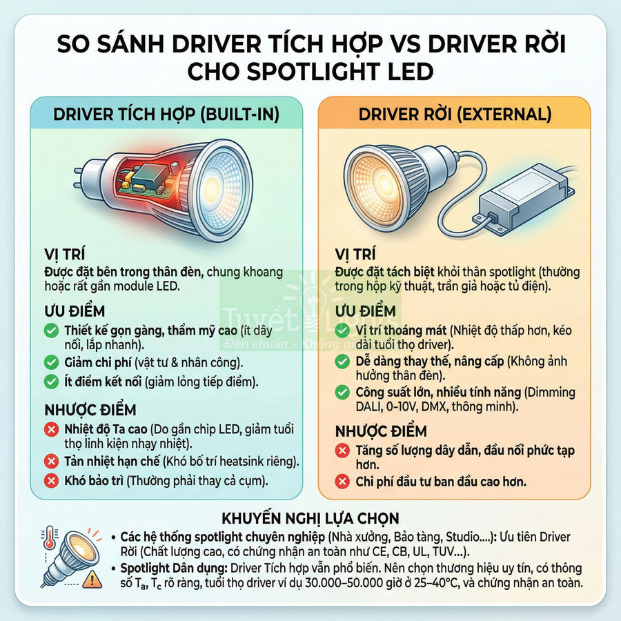 So sánh driver tích hợp và driver rời cho đèn spotlight LED, minh họa cấu tạo và ưu nhược điểm từng loại