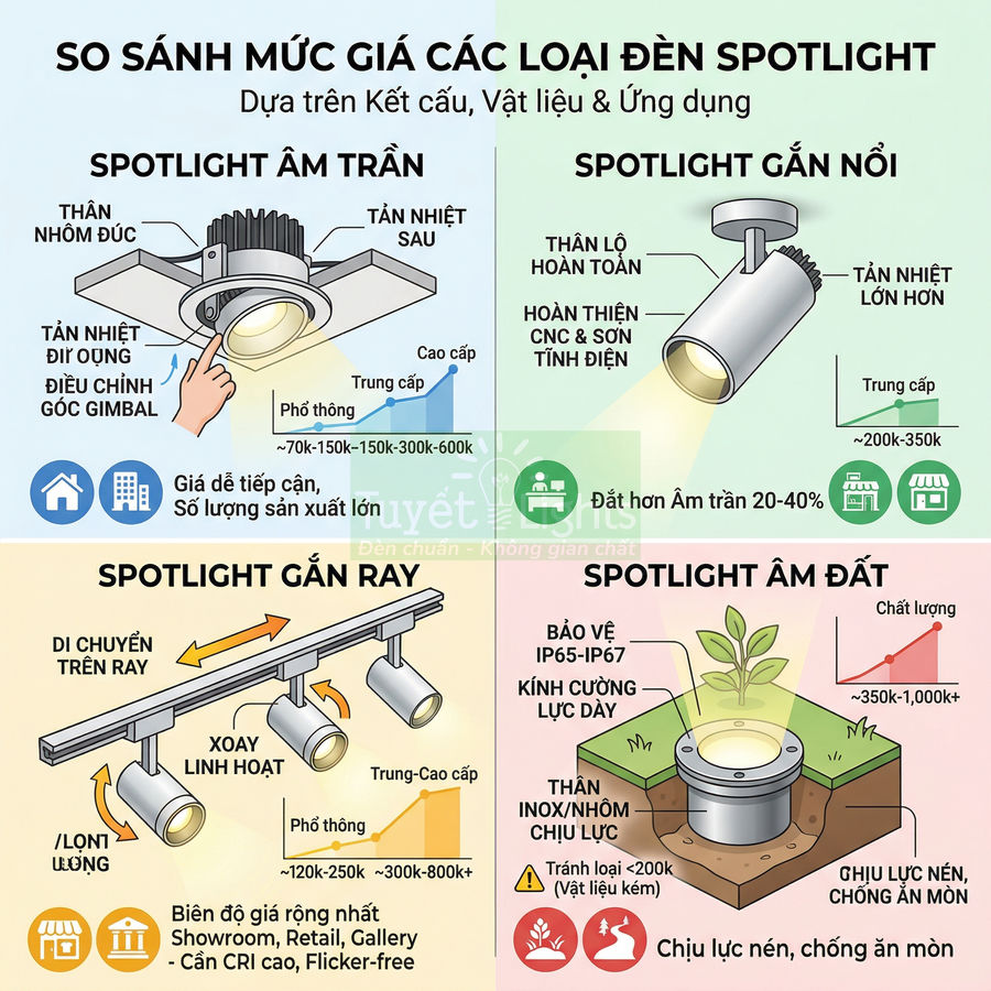So sánh các loại đèn spotlight âm trần, gắn nổi, gắn ray và âm đất theo cấu tạo, giá và ứng dụng