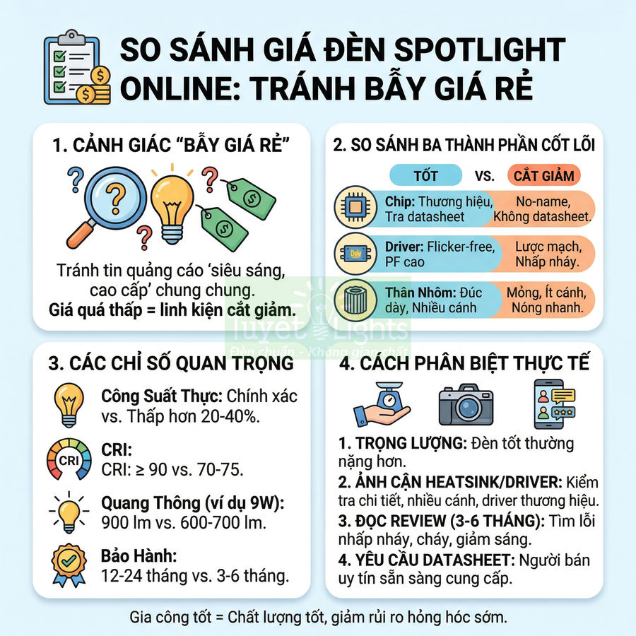 Infographic so sánh giá đèn spotlight online và cách tránh bẫy giá rẻ, tập trung vào chất lượng linh kiện