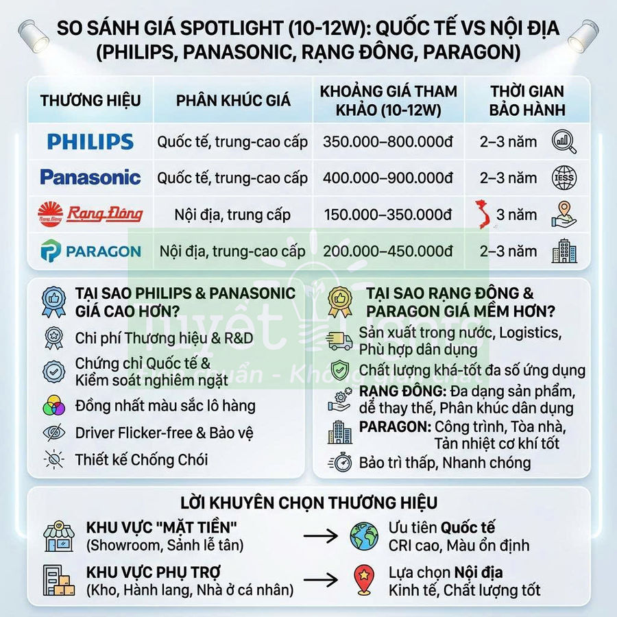 Bảng so sánh giá và bảo hành đèn spotlight Philips, Panasonic, Rạng Đông, Paragon công suất 10–12W
