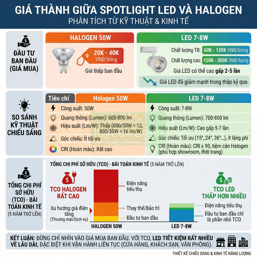 Infographic so sánh giá thành và hiệu quả đèn spotlight LED 7 8W với đèn halogen 50W